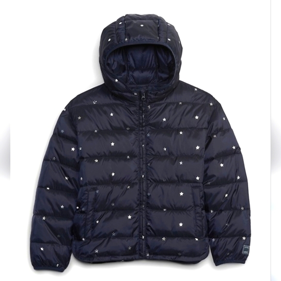 Gap Kids Navy Silver Star Hooded Lightweight Puffer Jacket - Size 12 NWT - Picture 1 of 7